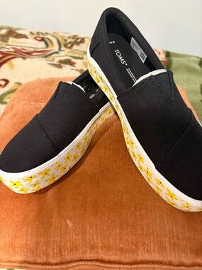 Toms Black Canvas Slip-On Mules with Yellow Floral Platform